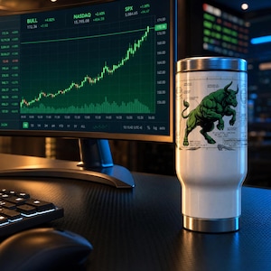 Puede incluir: Un vaso de acero inoxidable blanco con un gráfico de toro verde, con datos del mercado de valores que se muestran en un monitor de computadora en el fondo. El vaso tiene una tapa y una base plateadas, y el toro está representado en una pose dinámica.