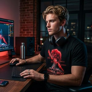 May include: A black t-shirt with a red graphic of a bear and stock market data, with the text "TECHNICAL DECAY". The person is wearing headphones and using a keyboard and mouse in front of a computer monitor.