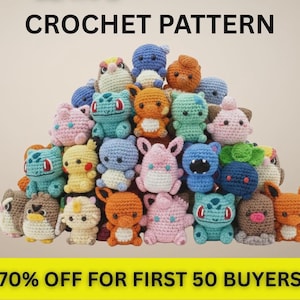 May include: A collection of small, colourful crocheted creatures arranged in a pyramid shape. The text CROCHET PATTERN appears at the top, and 70% OFF FOR FIRST 50 BUYERS is displayed in a yellow bar at the bottom of the image.