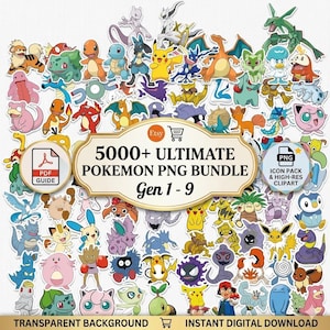 May include: A collection of various colorful Pokemon characters, including Pikachu, Charizard, and Squirtle, arranged on a white background. The image features a banner with the text "5000+ ULTIMATE POKEMON PNG BUNDLE Gen 1-9". Includes a PDF guide and high-resolution clipart.