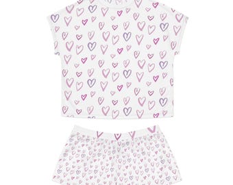 Pink Heart Pyjama Set | Soft Short PJ Set for Girls | Teen Lounge Set | Heart Print Shorts & Top | Sleepover Set Gift | Girls Birthday Gift