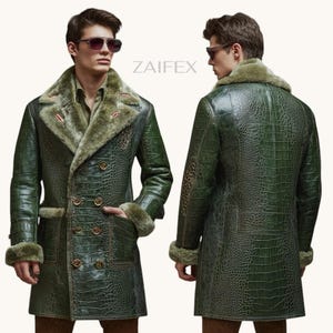 May include: A double-breasted forest green coat with a crocodile skin texture, featuring a wide faux fur collar and cuffs, gold-toned buttons, and the text ZAIFEX. The coat is shown from both the front and back views on a person wearing sunglasses.