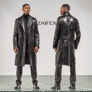 Men’s Black Leather Trench Coat , Snake Embossed Cowhide Long Coat