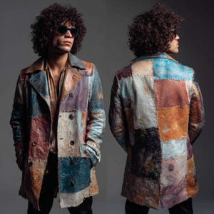 Casaco masculino de couro patchwork, jaqueta de couro vintage artesanal com blocos de cores, sobretudo de abotoamento duplo