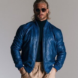 Men Luxury Blue Cow Leather Snake Embossed Bomber Jacket ,Gift for Him