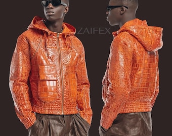 Men’s Orange Crocodile Embossed Leather Hoodie Jacket, Luxury Alligator Texture Zip Up Coat