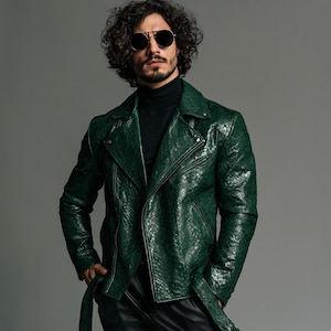 Green Snake Embossed Cow Leather Biker Jacket ,Men's Motorcycle Jacket,Gift for Boyfriend