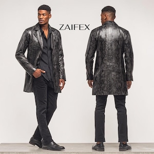 Men’s Black Leather Coat , Snake Embossed Cowhide Jacket