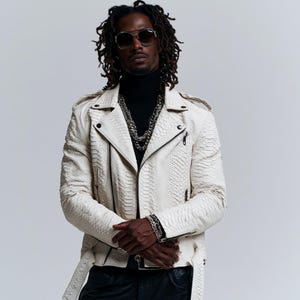 Blouson de motard en cuir de vachette blanc gaufré, manteau de moto pour homme, cadeau pour lui