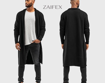 Men's Black Longline Fleece Cardigan Coat, Open Front Duster Cardigan, Oversized Lightweight Sweater