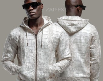Men's White Crocodile Embossed Leather Hoodie Jacket, Luxury Textured Zip Up Hooded Jacket