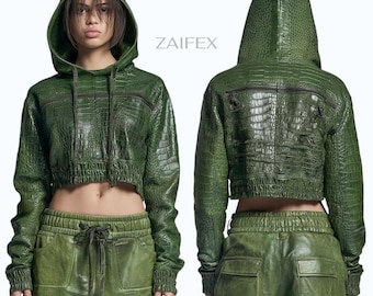 Felpa corta da donna in pelle verde con stampa coccodrillo, giacca in pelle con texture coccodrillo, felpa corta streetwear di lusso