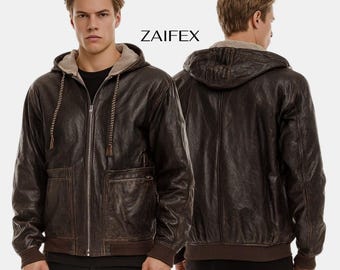 Men’s Brown Leather Hooded Jacket, Vintage Distressed Leather Hoodie, Shearling Lined Winter Jacket