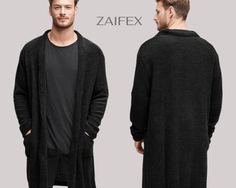 Men’s Black Fleece Cardigan Coat, Open Front Longline Cardigan, Shawl Collar Sweater, Oversized Duster Jacket