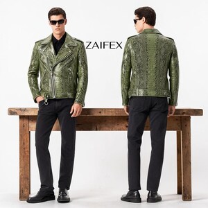 May include: A green leather jacket with a snakeskin pattern, featuring a classic biker style with a notched collar, asymmetrical zipper, and multiple pockets. The jacket is paired with black jeans and black shoes. The brand name "ZAIFEX" is visible.