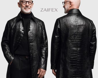 Abrigo de piel negra con relieve de cocodrilo para hombre, abrigo largo de piel de lujo, chaqueta de piel con textura de cocodrilo, abrigo clásico de invierno