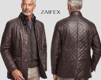 Men Dark Brown Quilted Leather Jacket, Vintage Winter Leather Coat, Classic Button Front Jacket
