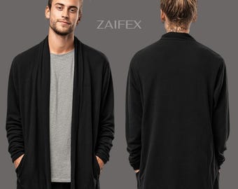 Men Black Fleece Cardigan, Open Front Fleece Jacket, Lightweight Cozy Cardigan Sweater, Casual Men Layering Top