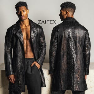 Men’s Black Leather Trench Coat , Snake Embossed Cowhide Long Coat