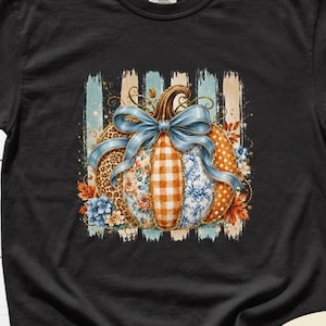 May include: A black short-sleeve t-shirt featuring a central graphic of a pumpkin with a light blue bow. The pumpkin has segments with leopard print, orange and white gingham, and blue floral patterns, set against a background of vertical stripes.