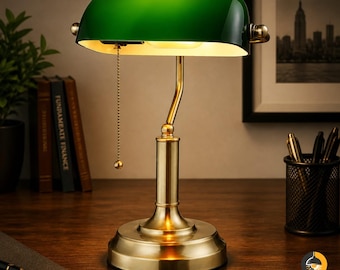 Retro Desk Lamp With Brass Base| Bankers Table Lamp With Pull Chain| Antique look Library Lamp| Green Shade Traditional Lamp