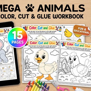 以下が含まれることがあります： MEGA ANIMALS COLOR, CUT & GLUE WORKBOOKというタイトルのデジタルワークブック。子供向けの白黒の動物イラストが15ページ含まれています。ページには、切り取って貼り付けるための象、アヒル、鶏の輪郭が描かれています。