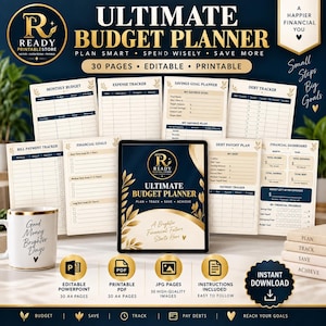 May include: An Ultimate Budget Planner set featuring 30 editable and printable pages. Includes trackers for monthly budgets, expenses, savings goals, debt, and bills. The display shows a central cover page, various financial forms, and a white mug with the text Good Money Brighter Days.
