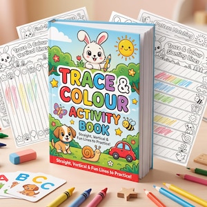 May include: A Trace & Colour Activity Book with a light blue cover featuring a cartoon rabbit, puppy, snail, and car. The text reads Trace & Colour Activity Book Straight, Vertical & Fun Lines to Practice! Includes worksheets with line tracing exercises.