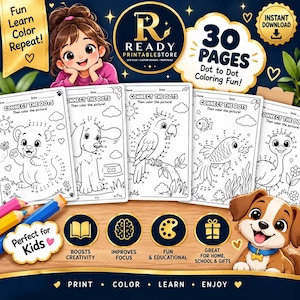 May include: A digital collection of 30 dot-to-dot colouring pages for children featuring animal illustrations like a lion, dog, parrot, fish, and ostrich. The set includes a Ready Printable Store logo, text labels, and colourful cartoon character accents.