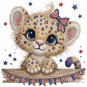 4. Juli Maschinenstickerei, niedliches Leopard Jungtier mit Schleife am Zaun, 40 mm Maschinenstickerei