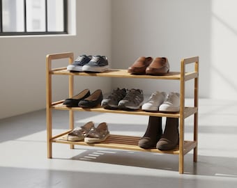 3 Tier Bamboo Shoe Rack, Natural Wood Entryway Storage Shelf, Modern Organizer