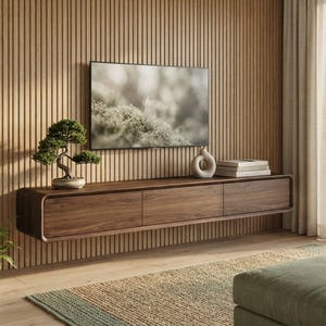 May include: A long, rectangular, wall-mounted floating media console made of dark brown wood with three horizontal drawers. The console features rounded edges and a smooth finish, providing a sleek storage solution for media equipment.