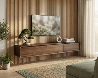 Floating TV Stand, 70 Inch Wall Mounted TV Console, Walnut Entertainment Center, Media Cabinet with Storage