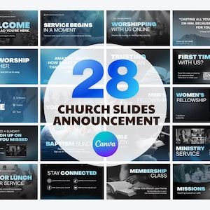 May include: A collection of 28 digital church announcement slides featuring a blue and black gradient theme. The slides include text such as Welcome, Service Begins, Worshipping With Us Online, First Time With Us, Ways To Give, and Stay Connected.