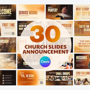 May include: A collection of 30 digital church announcement slides featuring a warm brown and gold gradient theme. The slides include text such as Welcome, Need Prayer, Faith For Every Season, Bible Study, Missions, and Upcoming Events.
