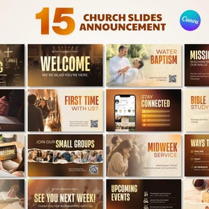 May include: A collection of 15 digital church announcement slides featuring a consistent brown and gold gradient theme. The slides include text such as Welcome, Water Baptism, Missions, First Time With Us, Stay Connected, and Upcoming Events.