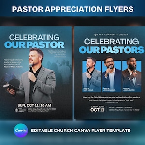 Può includere: Due modelli di volantini per chiesa blu e neri intitolati Celebrating Our Pastor e Celebrating Our Pastors. I design presentano foto di uomini in abito che tengono microfoni, dettagli dell'evento di domenica 11 ottobre alle 10:00 e l'indirizzo della chiesa.