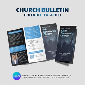 May include: An editable tri-fold church bulletin template featuring a blue and black color scheme. The design includes sections for a statement of faith, service times, contact information, and a pastor's note with a photo of a man in a suit.