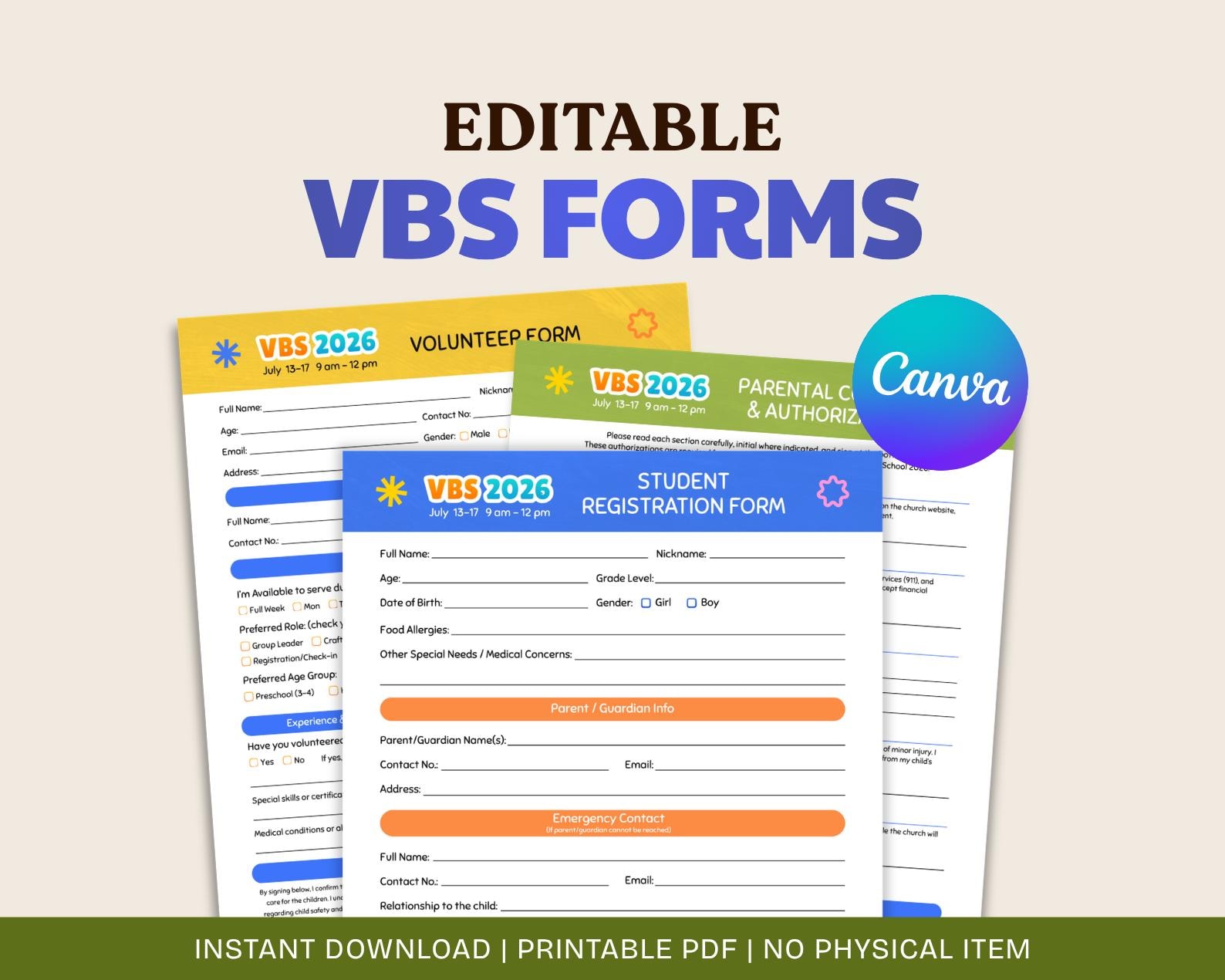 Vbs Layout Editable VBS 2026 Registration Forms Bundle | Editable Canva Church Template ...