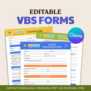 Könnte beinhalten: Ein Set bearbeitbarer VBS 2026-Formulare, bestehend aus einem Anmeldeformular für Schüler, einem Freiwilligenformular und einer Einverständniserklärung. Die Dokumente haben blaue, gelbe und grüne Kopfzeilen mit Feldern für Kontaktinformationen.