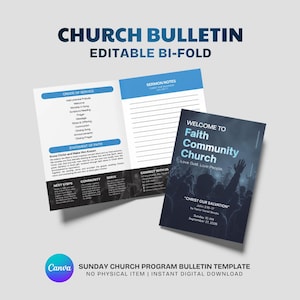以下が含まれることがあります： Welcome to Faith Community Churchというテキストが記載された濃い青色の表紙と、礼拝順序、説教メモ、連絡先情報などのセクションを備えた内側のレイアウトを持つ、編集可能な二つ折りの教会プログラムのテンプレート。