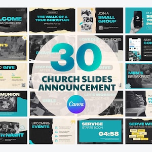 May include: A collection of 30 church announcement slides featuring a black, white, and teal color scheme. The designs include torn paper textures, bold typography, and placeholders for event details, social media links, and service information.