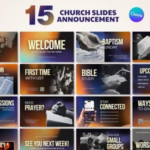 May include: A collection of 15 digital church announcement slides featuring a gradient background of orange, blue, and purple. The slides include text such as Welcome, Baptism Sunday, Communion, First Time With Us, Bible Study, and Ways to Give.