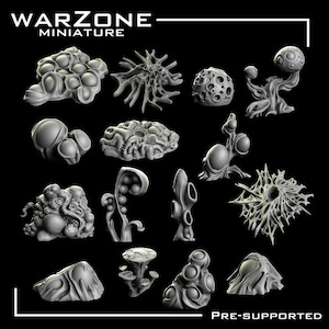 May include: A selection of grey, miniature alien terrain pieces, featuring organic shapes, spheres, and spiky forms. The text "WARZONE MINIATURE" and "PRE-SUPPORTED" are visible.