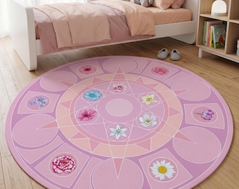 Tanzende Prinzessinnen, runder Teppich mit Blumenmuster | Geburtsblumenrad-Mädchenzimmer-Dekoration | Boho-Kinderzimmer-Rundteppich