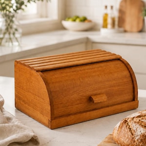 May include: A rectangular wooden bread box with a curved roll-top lid and a small handle. The container features a warm, medium-brown wood grain finish and a slatted top design. It sits on a flat surface, providing a storage solution for bread.