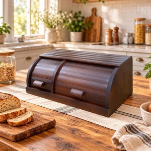 May include: A dark brown wooden bread box with a roll-top lid and a horizontal handle. The bread box features a slatted design and is positioned on a wooden countertop next to a wooden cutting board with slices of bread.