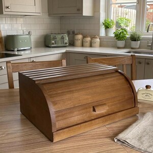rown Beech Wood Bread Box Roll Top Bread Bin Kitchen Storage 15in