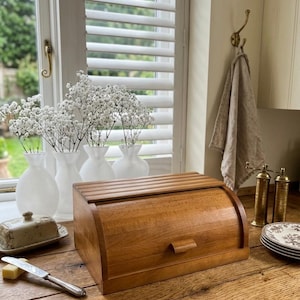 Roll Top Bread Box Wood Bread Bin Kitchen Storage 15in