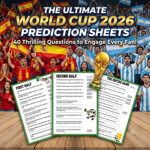 究極のワールドカップ決勝予想シート | アルゼンチン対スペイン 印刷可能なクイズ PDF PNG | サッカーゲームナイト | サッカーパーティーゲーム